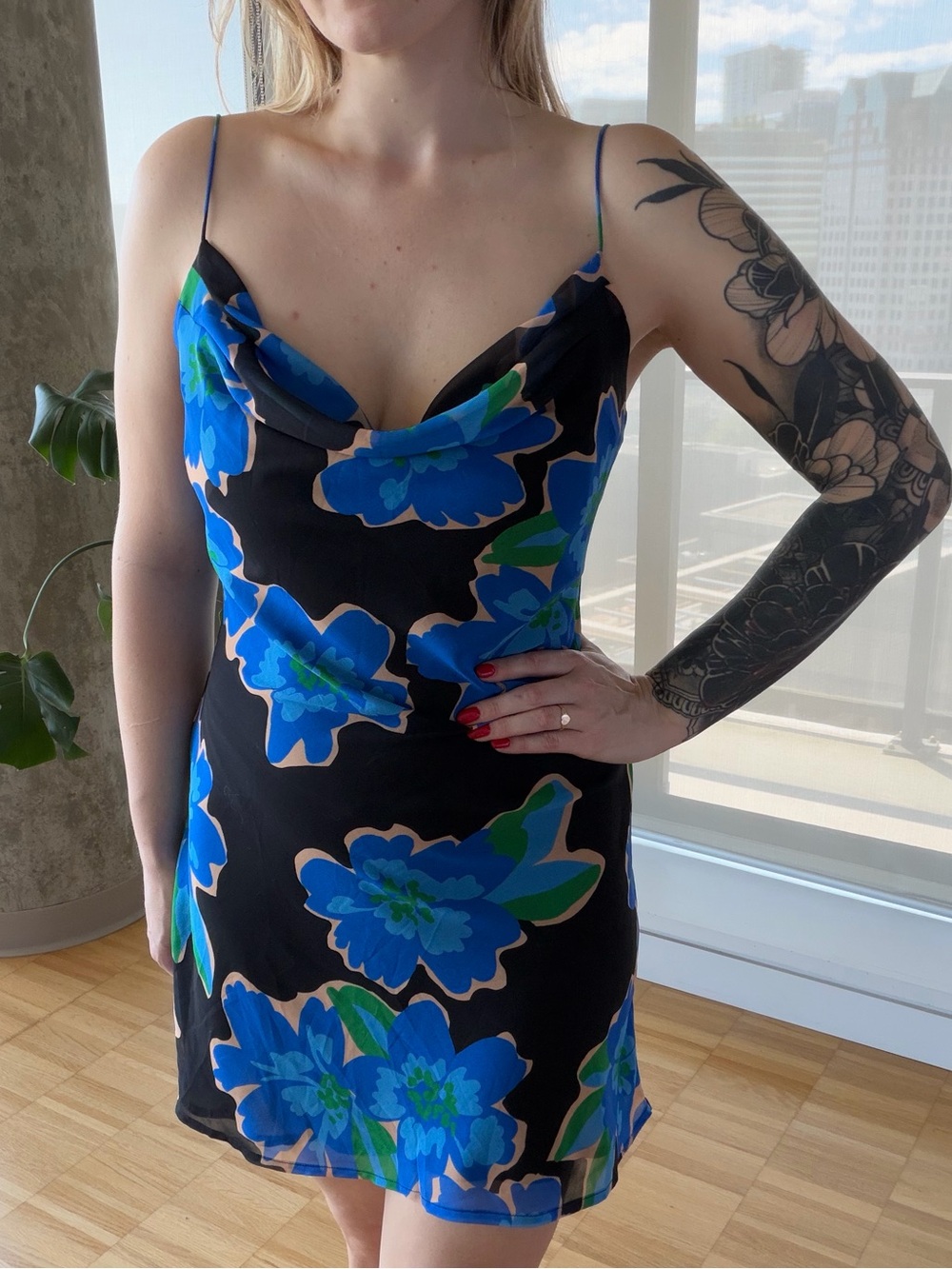 Runaway blue floral mini cowl neck dress